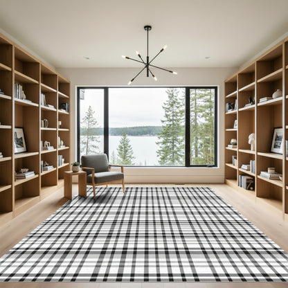 Classic Black White Plaid Squares Rug