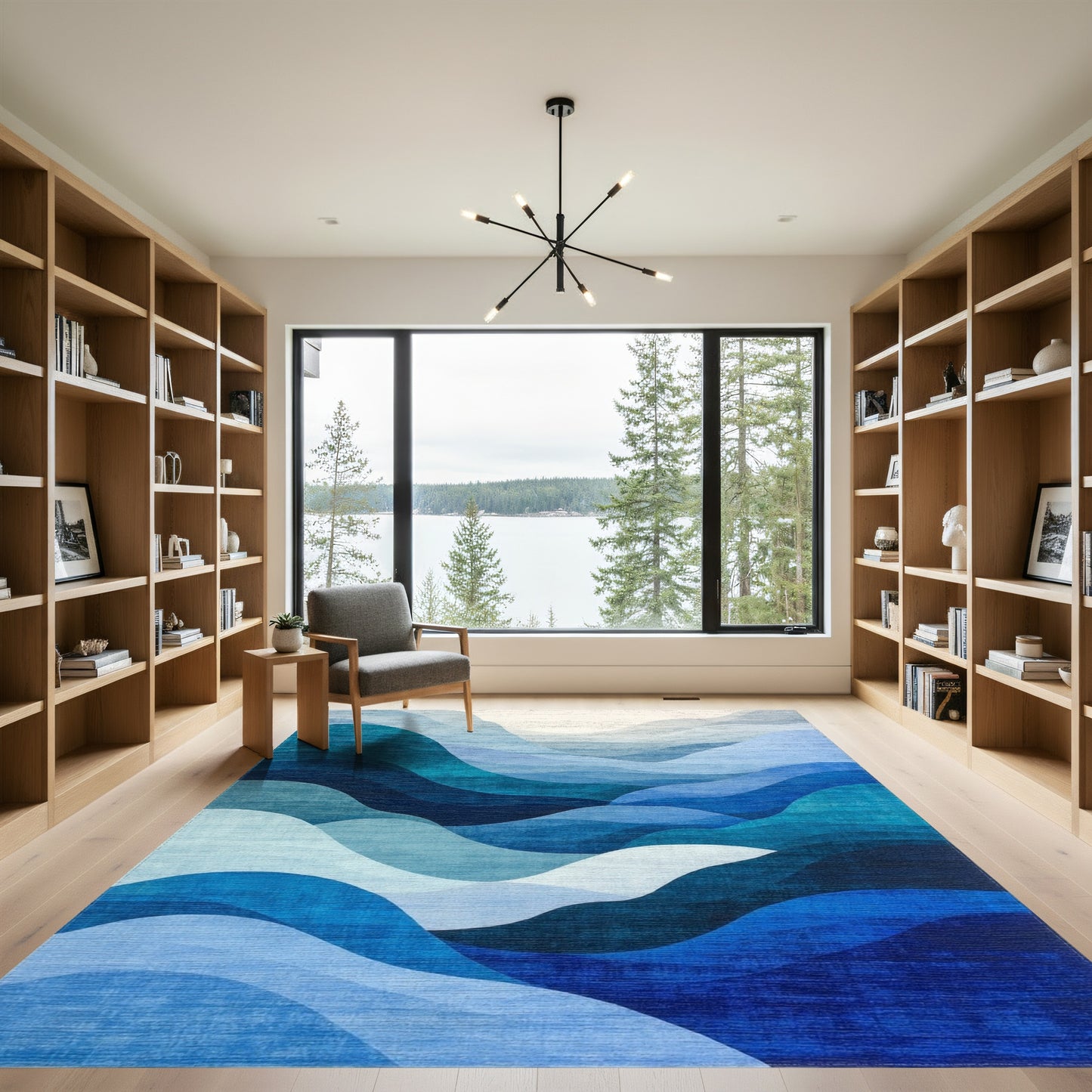 Teal Blue Layered Waves Rug