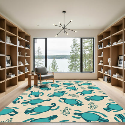 Teal Turtle Whimsical Cream Pattern Rug