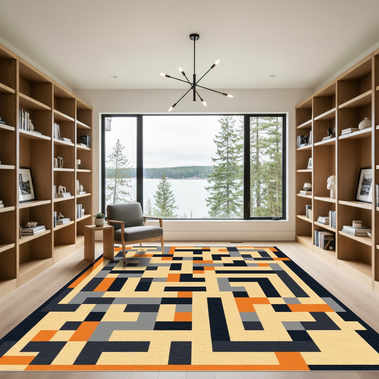 Geometric Maze Orange Gray Scheme Rug