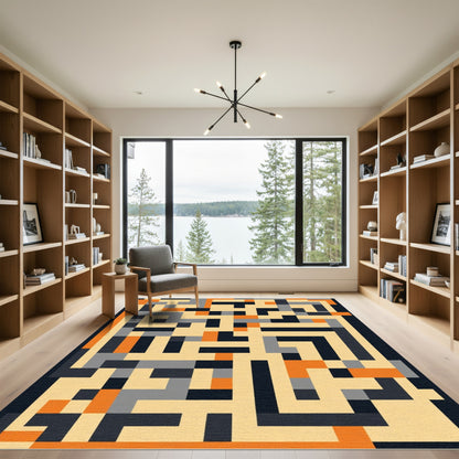 Geometric Maze Orange Gray Scheme Rug