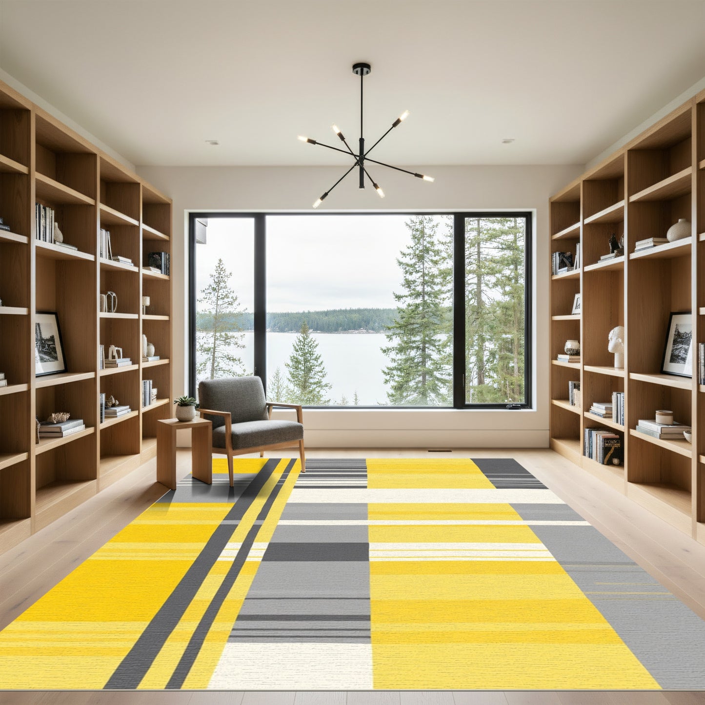 Modern Yellow Gray Stripe Composition Rug