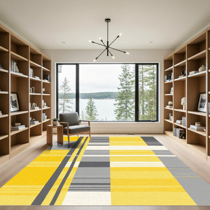 Modern Yellow Gray Stripe Composition Rug