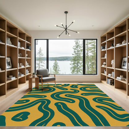 Bold Teal Swirls Amber Abstract Rug