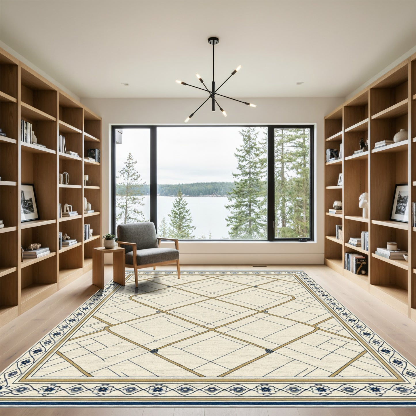 Cream And Blue Geometric Lattice Rug