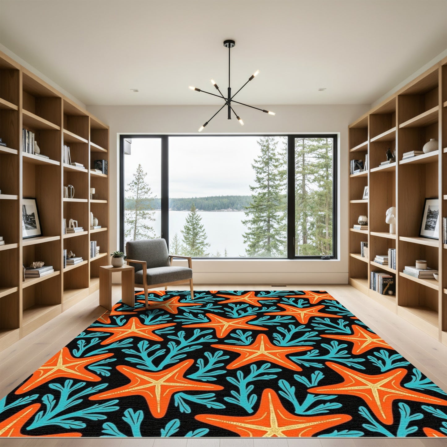 Orange Starfish Teal Coral Black Rug