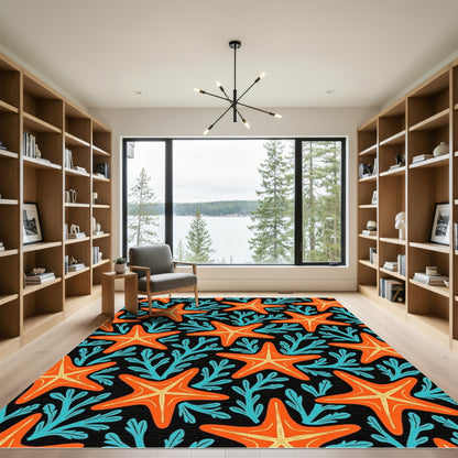 Orange Starfish Teal Coral Black Rug