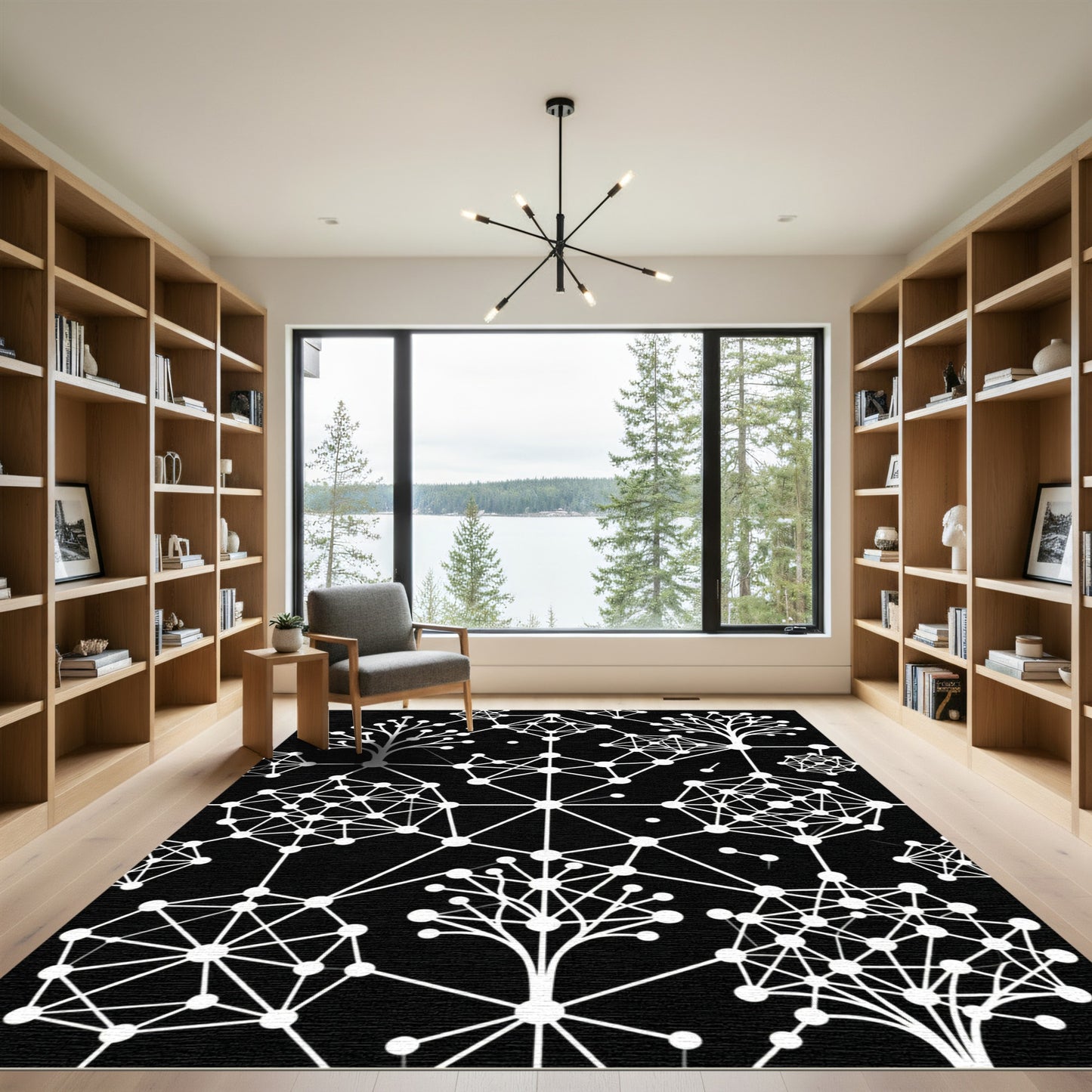 Abstract White Geometric Tree Network Rug