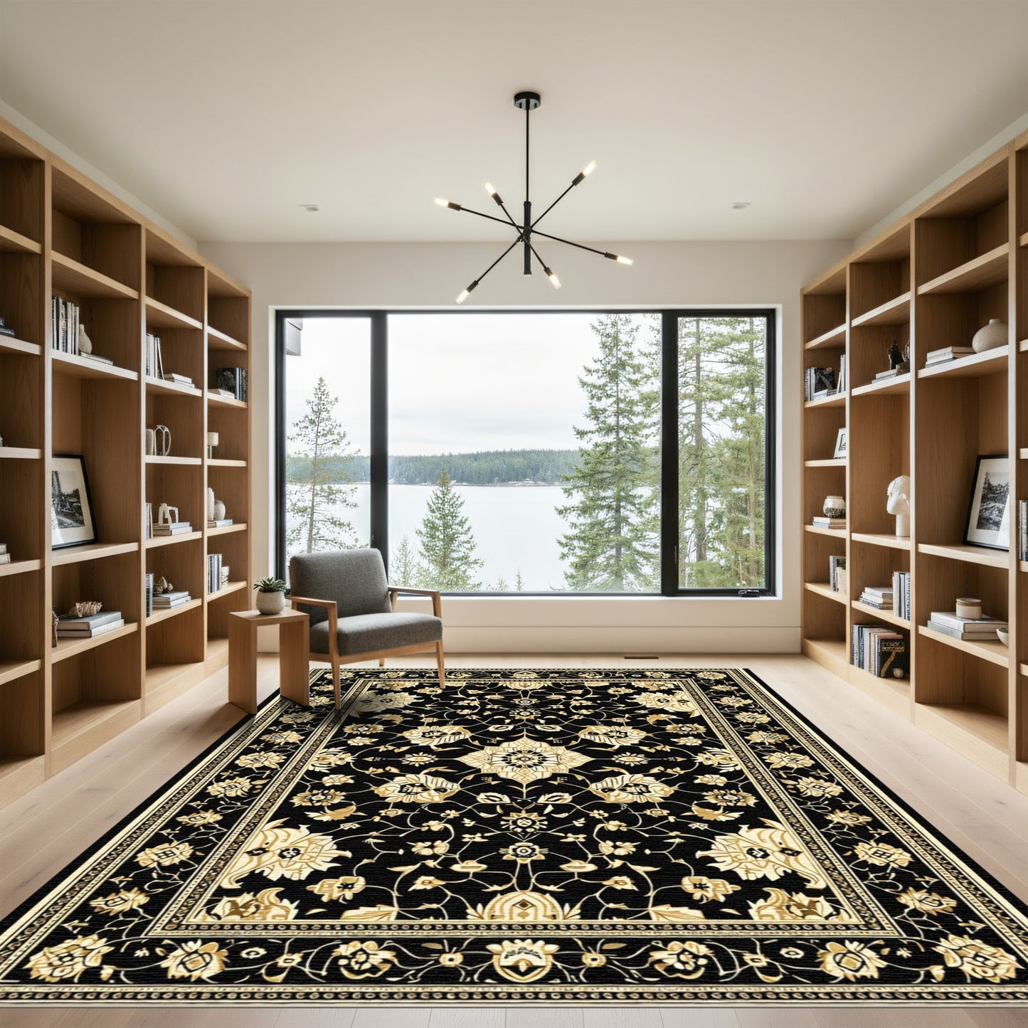 Black Gold Intricate Floral Medallion Rug