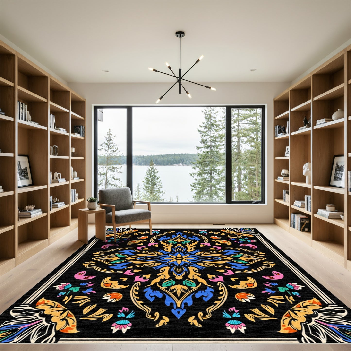 Vibrant Black Floral Medallion Rug