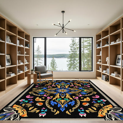 Vibrant Black Floral Medallion Rug