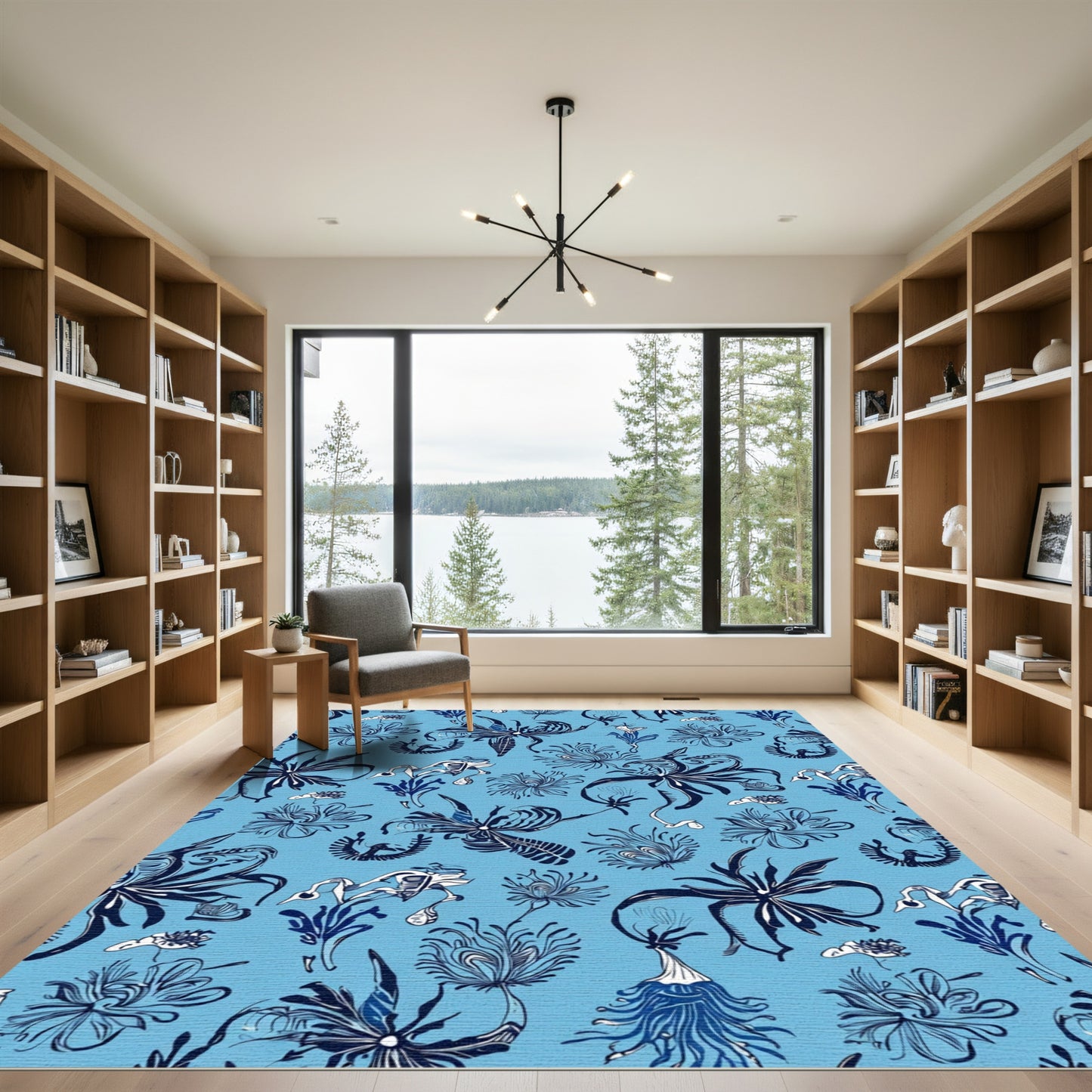 Deep Blue Abstract Floral Swirl Rug