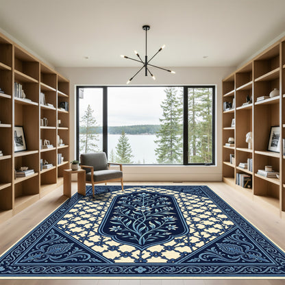 Deep Blue Floral Lattice Garden Rug