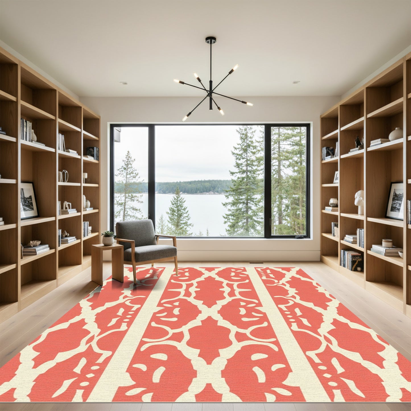 Coral Ivory Damask Stripe Rug