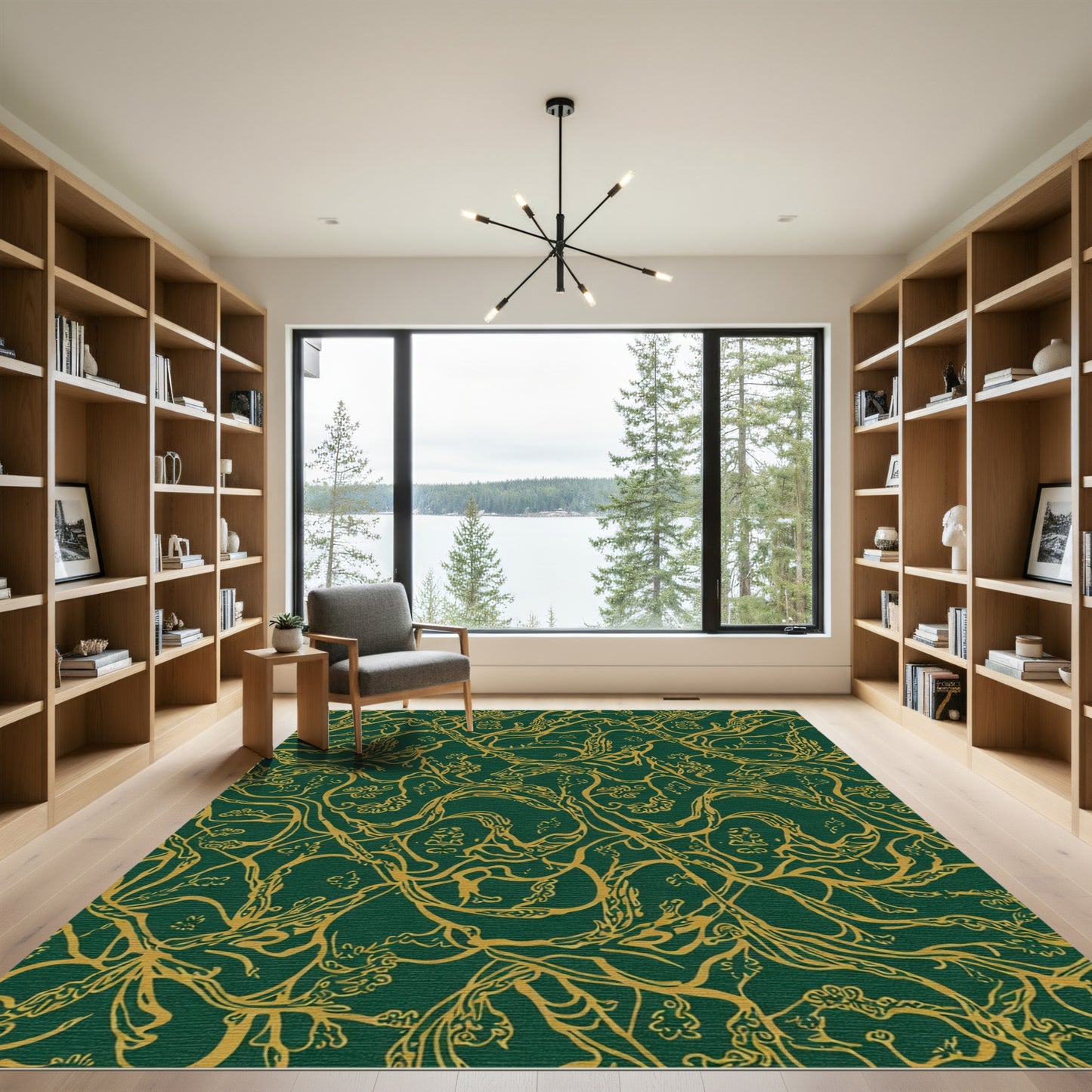 Emerald Swirling Golden Vine Art Rug