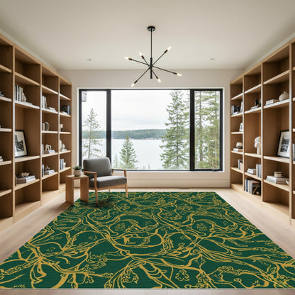 Emerald Swirling Golden Vine Art Rug