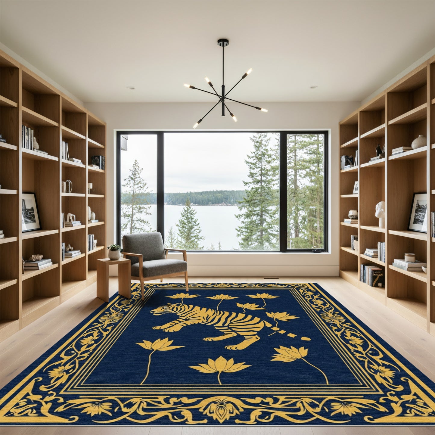 Golden Tiger Lotus Blossom Frame Rug