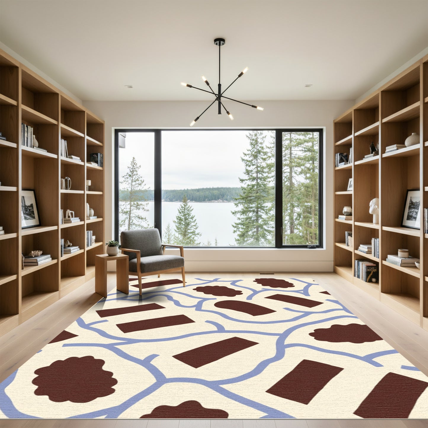Cream Brown Irregular Forms Blue Lines Rug