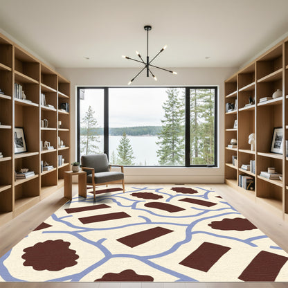 Cream Brown Irregular Forms Blue Lines Rug