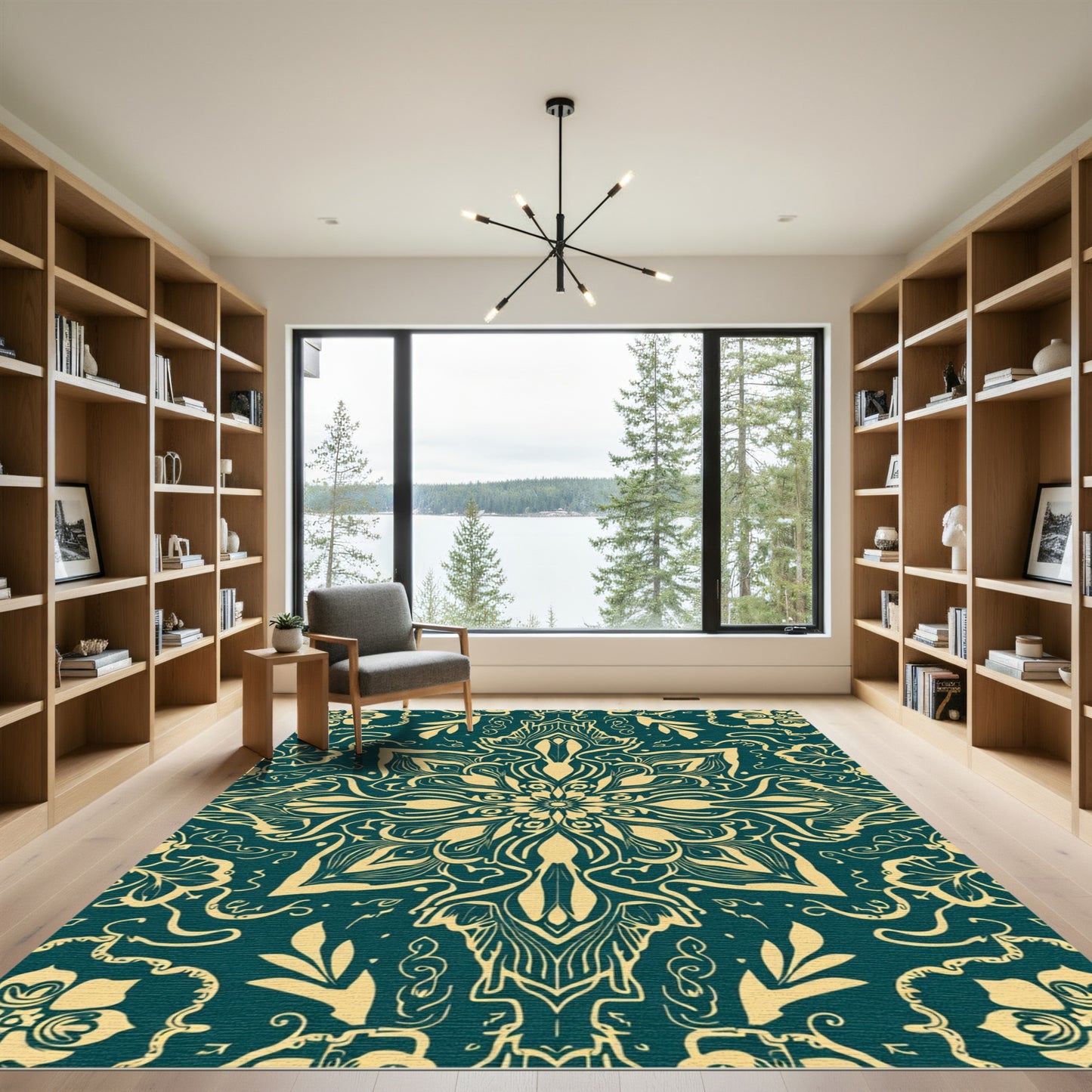 Golden Teal Mandala Floral Swirl Rug
