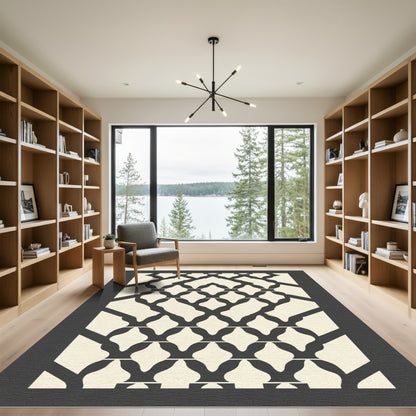 Cream Black Lattice Intersecting Arches Rug