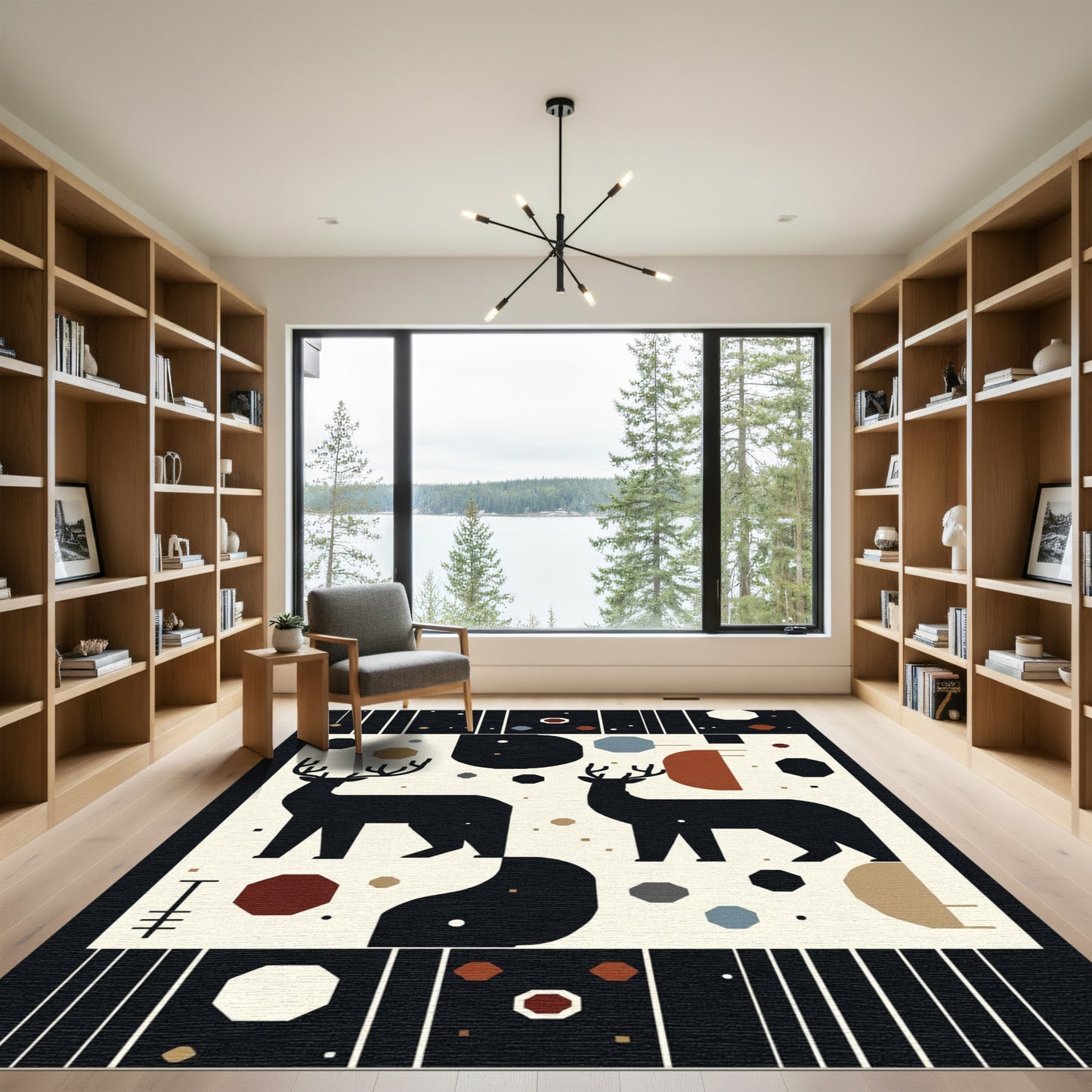 Black Deer Geometric Woodland Scene Rug