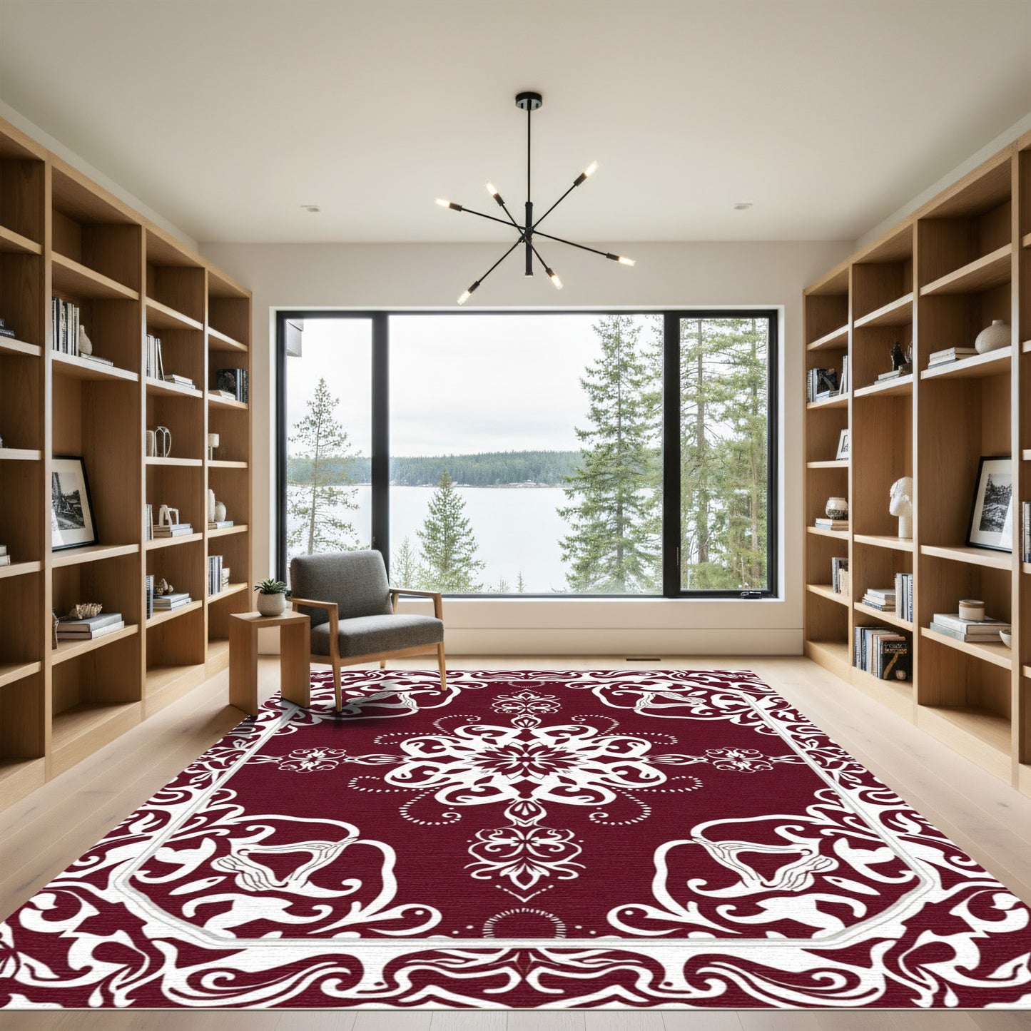 Deep Red White Floral Medallion Border Rug