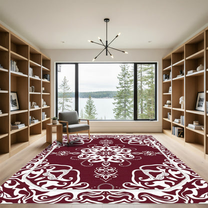 Deep Red White Floral Medallion Border Rug