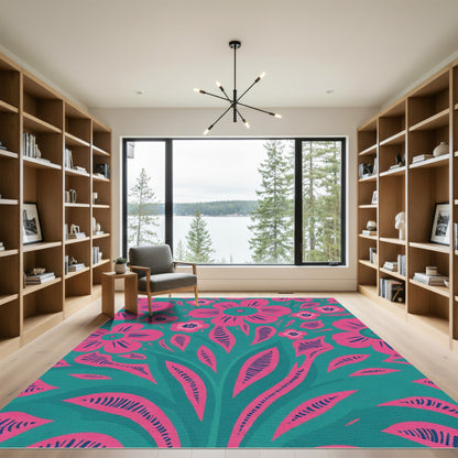 Bright Pink Floral Contemporary Teal Rug
