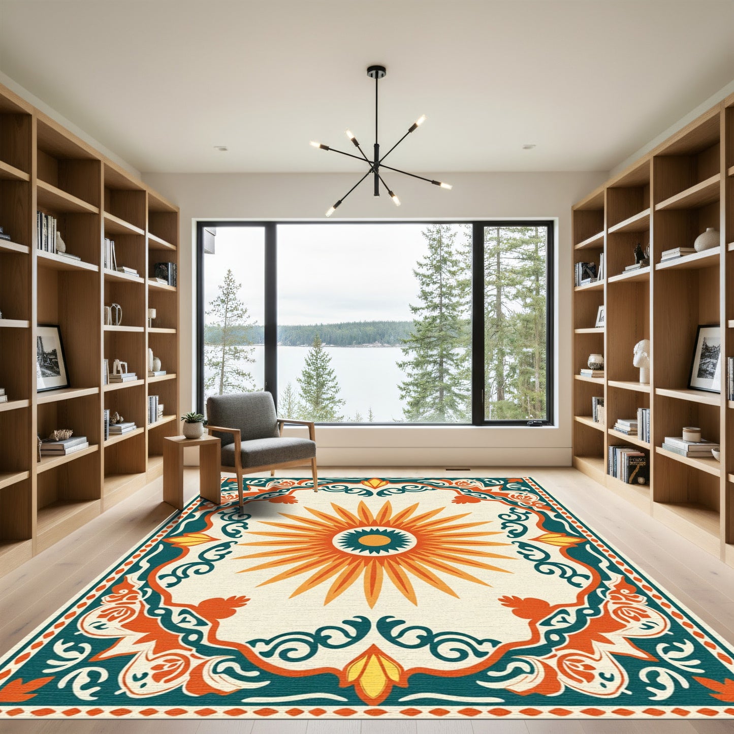 Vibrant Sunburst Medallion Border Rug