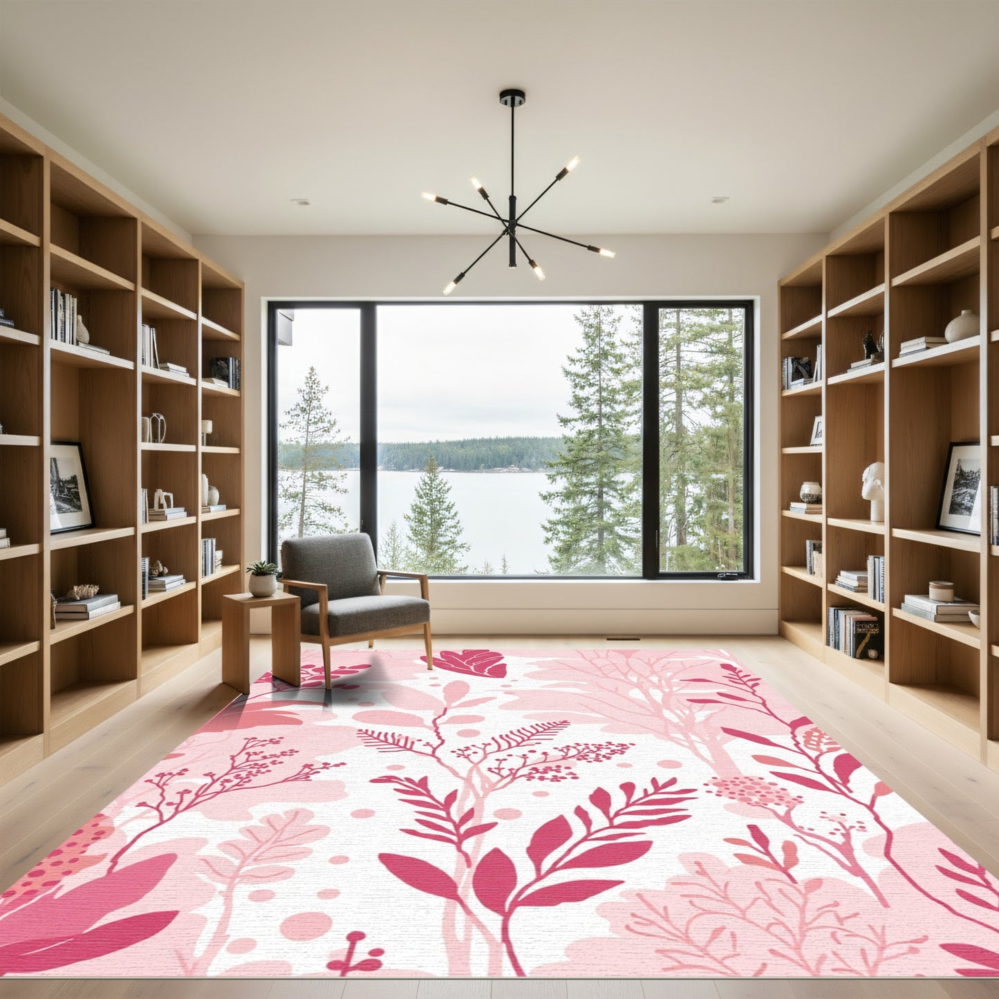 Pink Floral Botanical Garden Scene Rug