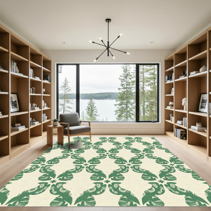 Emerald Green Stylized Geometric Birds Rug