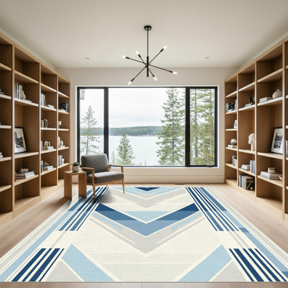 Geometric Blue and White Chevron Rug