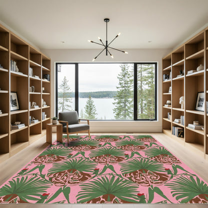Pink Green Palm Leaf Medallion Rug
