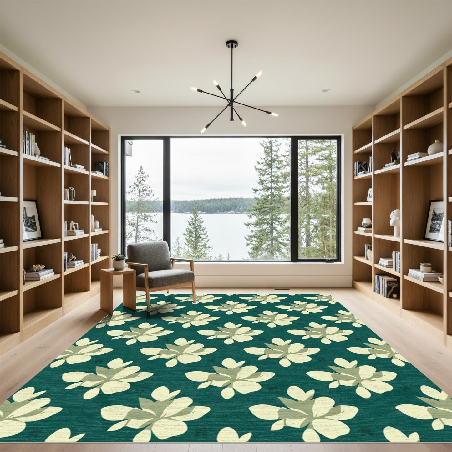 Deep Teal Cream Floral Bloom Rug