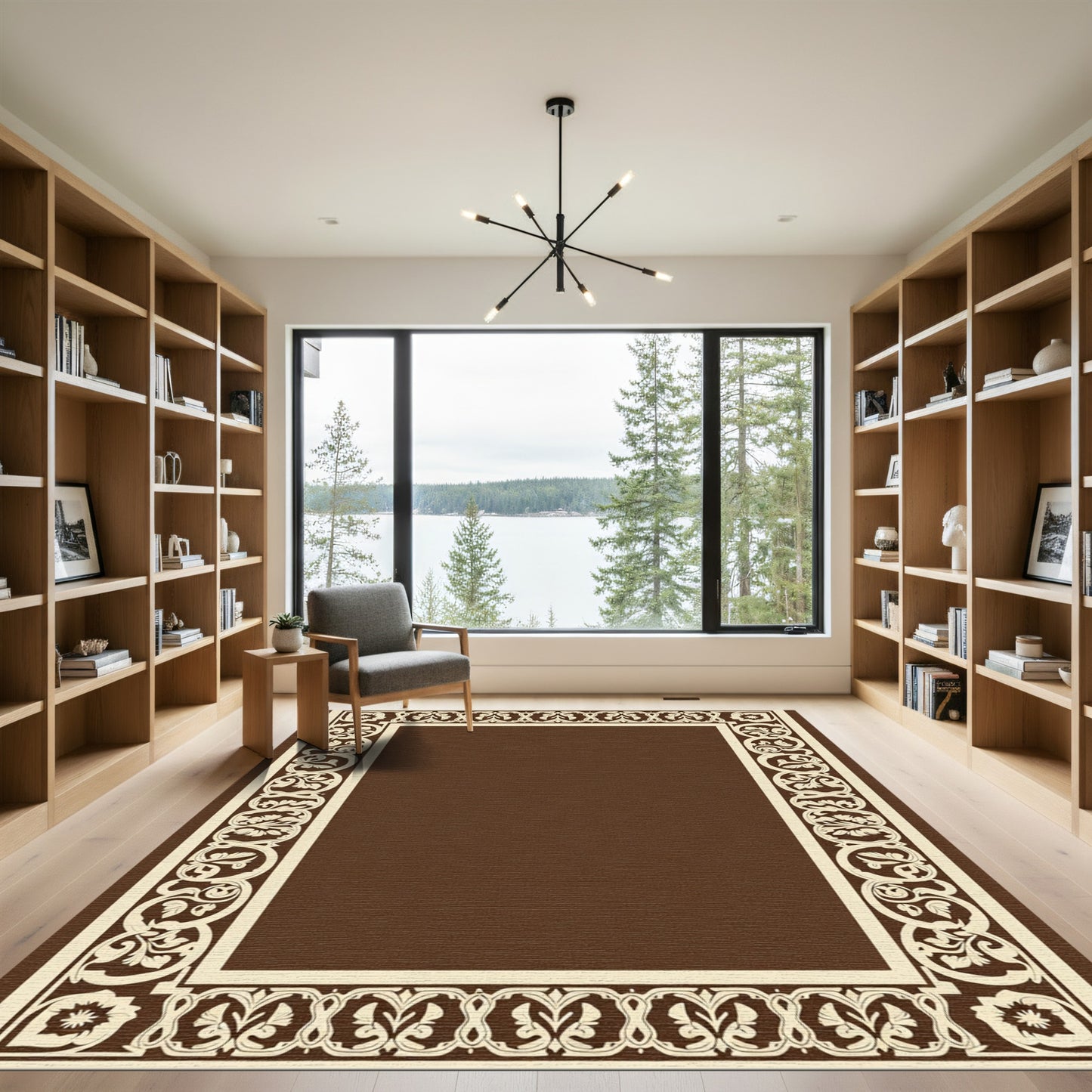 Cream and Brown Floral Scroll Border Rug