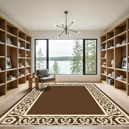 Cream and Brown Floral Scroll Border Rug