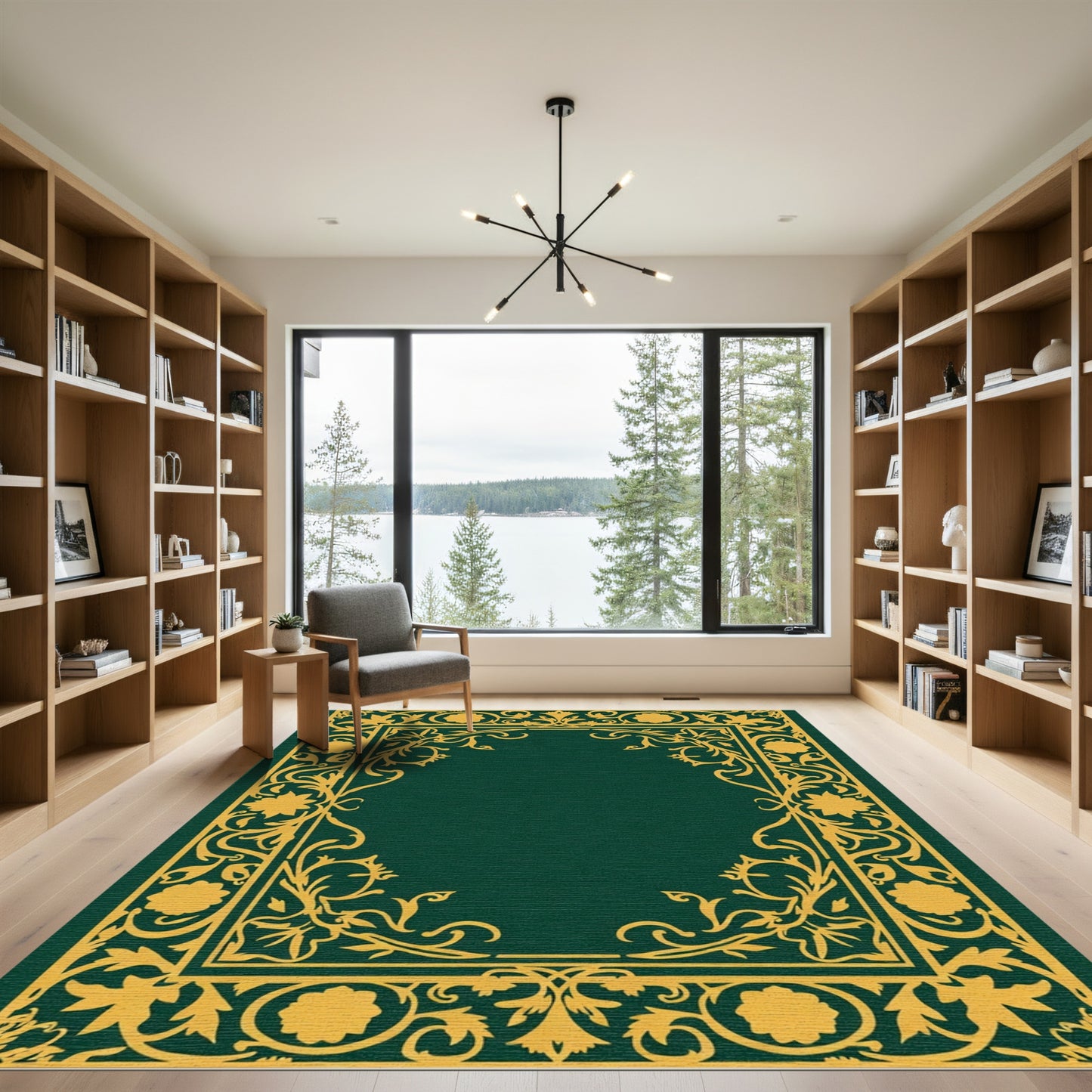 Ornate Yellow Swirls Border Green Rug