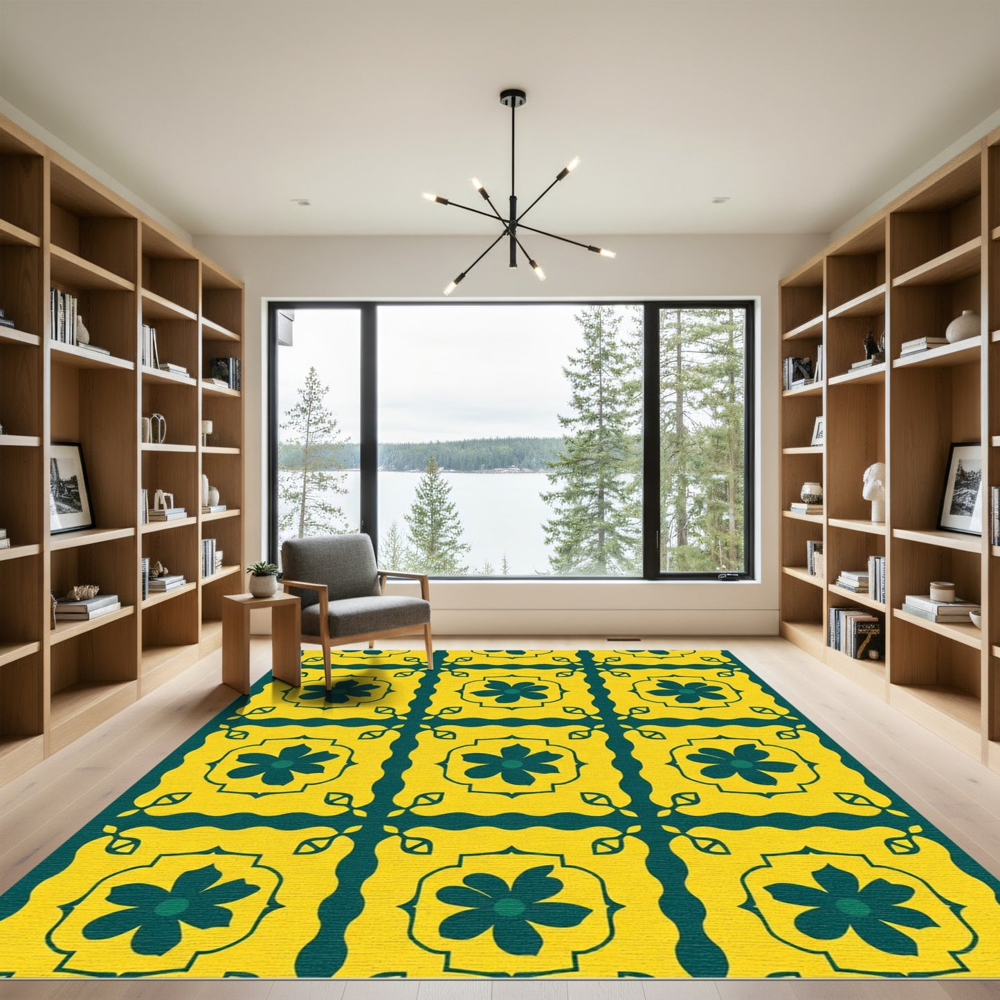 Yellow Teal Floral Square Tile Rug