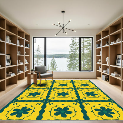 Yellow Teal Floral Square Tile Rug
