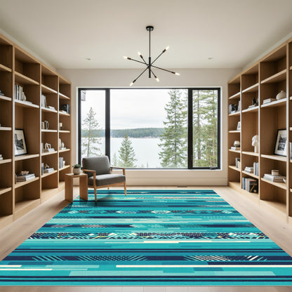 Teal Horizontal Geometric Abstract Stripe Rug