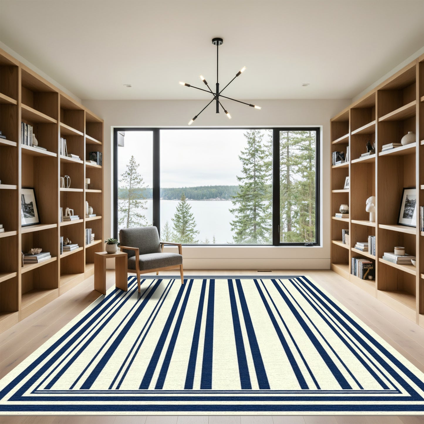 Elegant Navy Vertical Stripe Border Rug