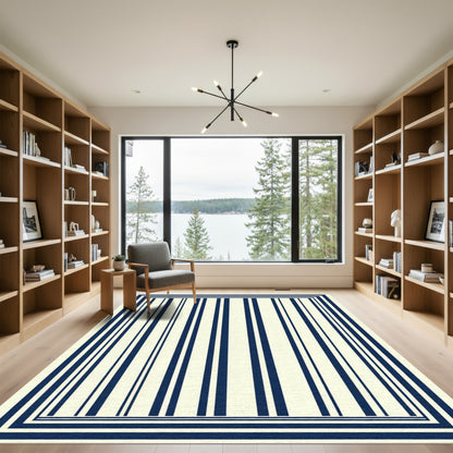 Elegant Navy Vertical Stripe Border Rug