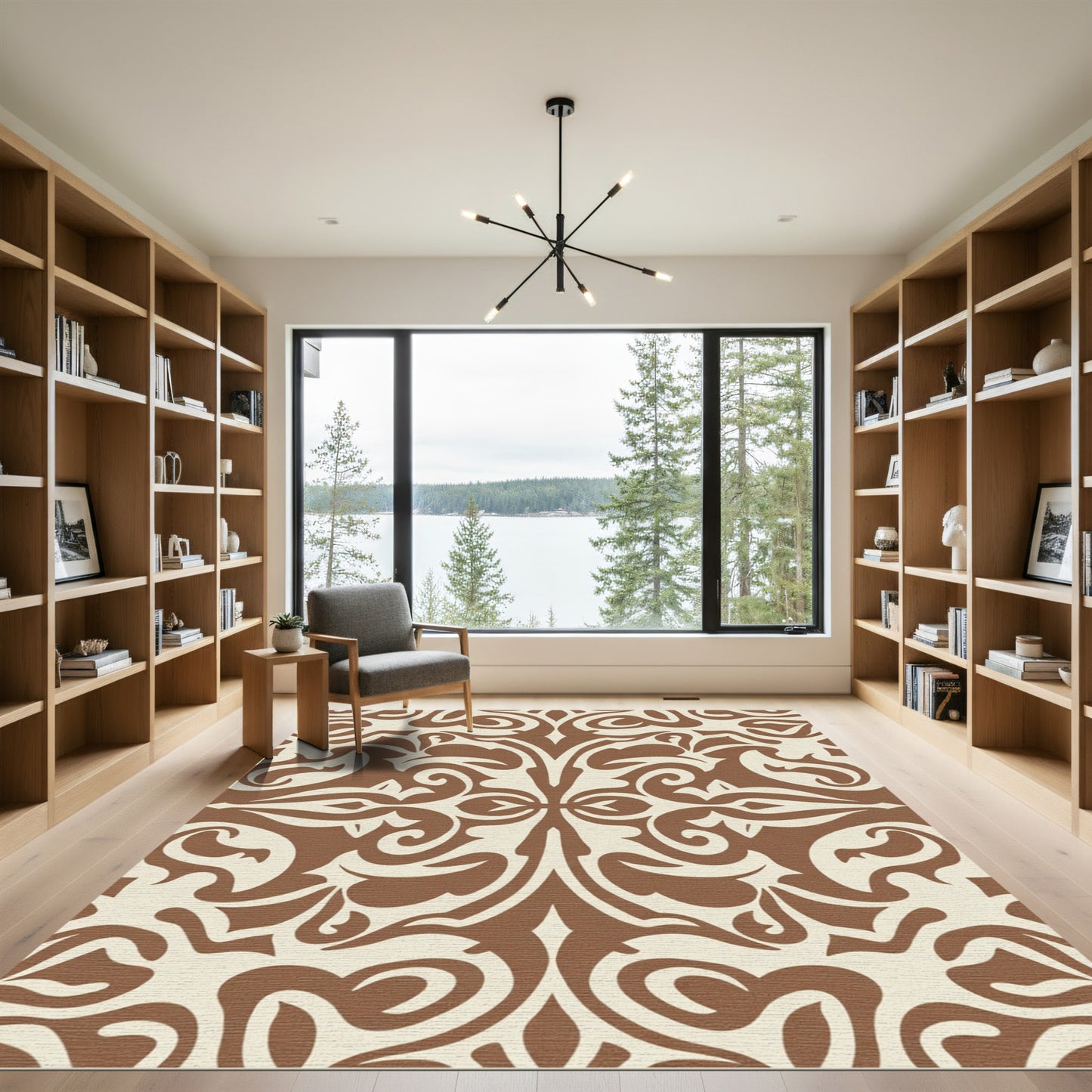 Brown And Cream Damask Scroll Rug