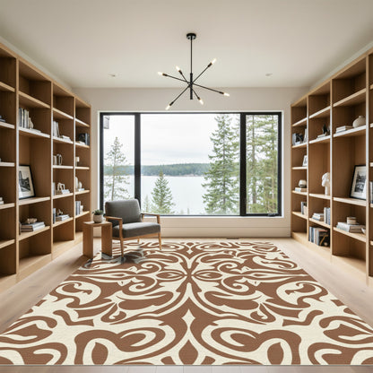 Brown And Cream Damask Scroll Rug