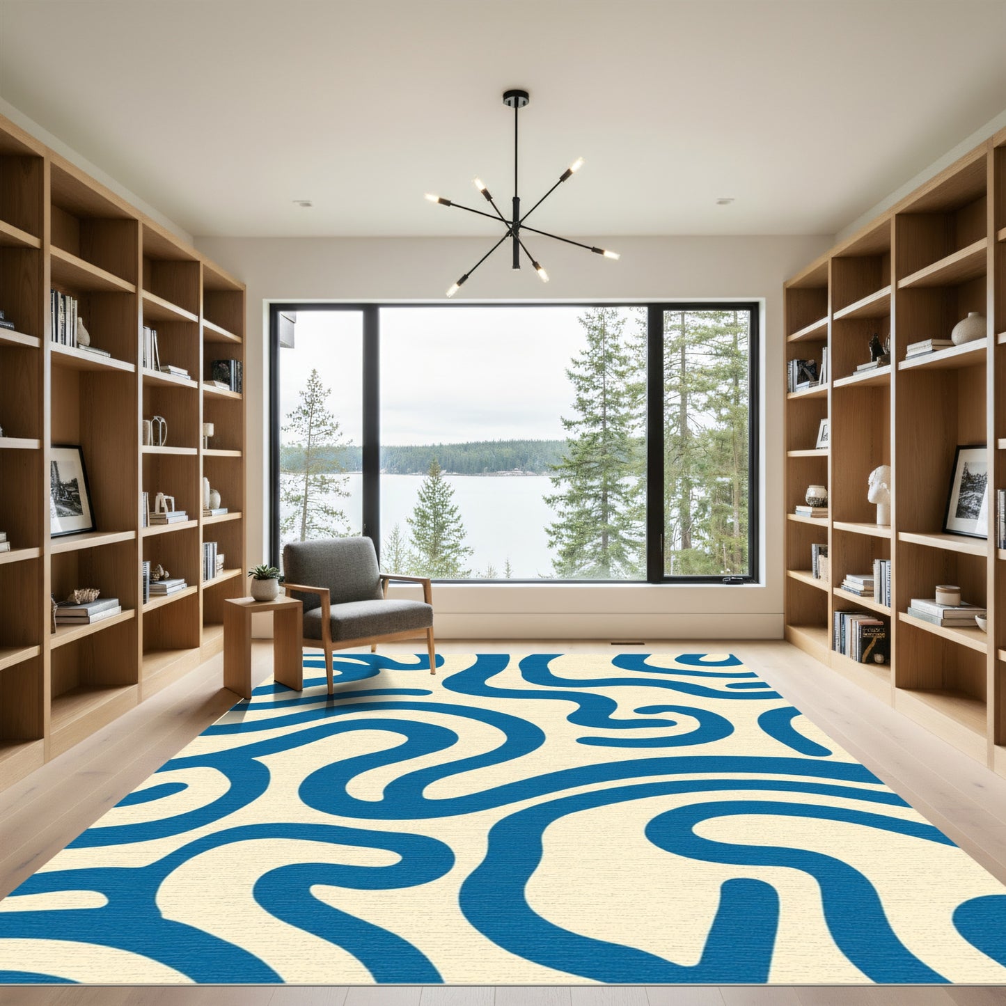 Deep Blue Wavy Organic Abstract Rug