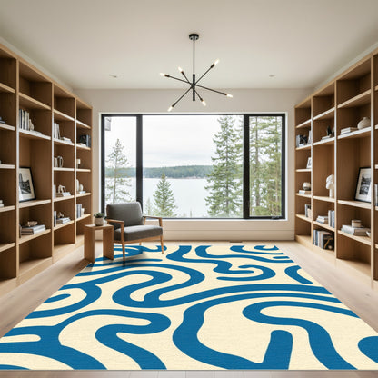 Deep Blue Wavy Organic Abstract Rug