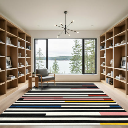 Bold Black White Stripe Color Block Rug