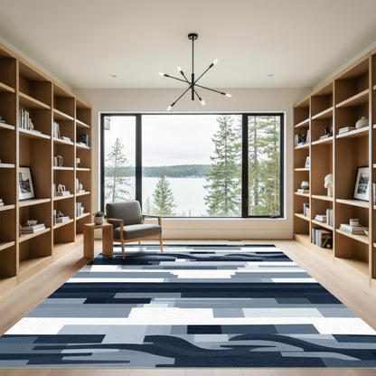 Deep Blue Abstract Wave Blocks Rug