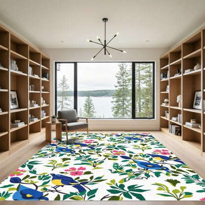 Bright Blue Birds Pink Flowers Foliage Rug